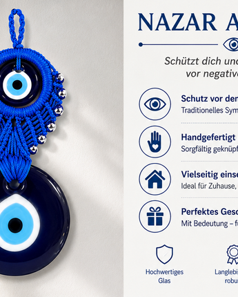 Handgefertigtes Nazar-Amulett – Makramee Wandanhänger mit Glas-Nazarauge 26cm