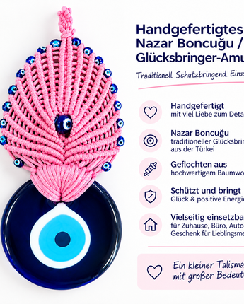 Handgefertigter Nazar Wandanhänger 24 cm – Makramee Glücksbringer Pink Blau (T9)
