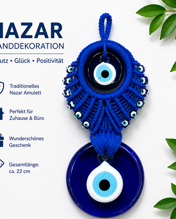 Nazar Wanddekoration Makramee Blau – Handgefertigtes Nazar – Glücksbringer (T11)
