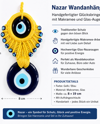 Handgefertigter Nazar Wandanhänger Makramee – Gelb mit Glas-Auge (T12)
