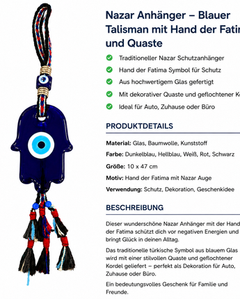 Nazar Anhänger Hand der Fatima Hamsa Blau Glas Schutzamulett Wanddeko Deko (T17)