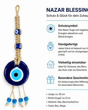 Nazar Auge Wandanhänger 8 × 30 cm – Handgefertigter Glücksbringer Blau (T19)