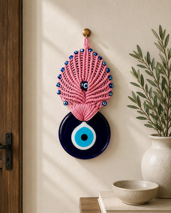 Handgefertigter Nazar Wandanhänger 24 cm – Makramee Glücksbringer Pink Blau (T9)