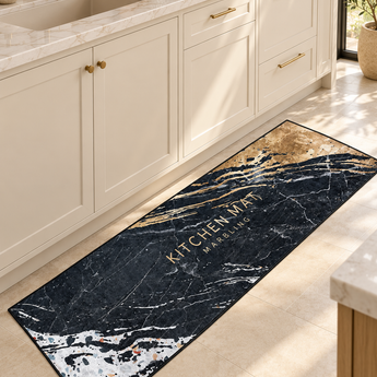 Küchenläufer Marmor 60 × 180 cm – Schwarz-Gold, waschbar & rutschhemmend
