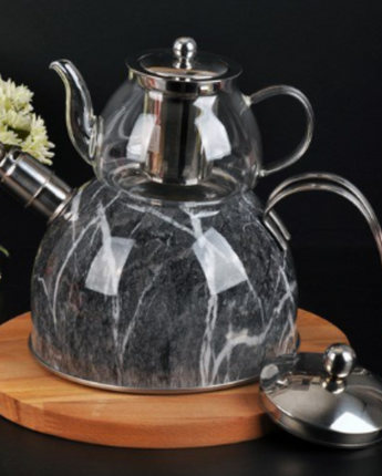 Edelstahl-Glas-Tee-Sets mit Schnellkochtopf Weiss Grau