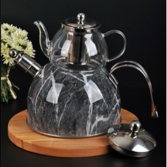 Edelstahl-Glas-Tee-Sets mit Schnellkochtopf Weiss Grau