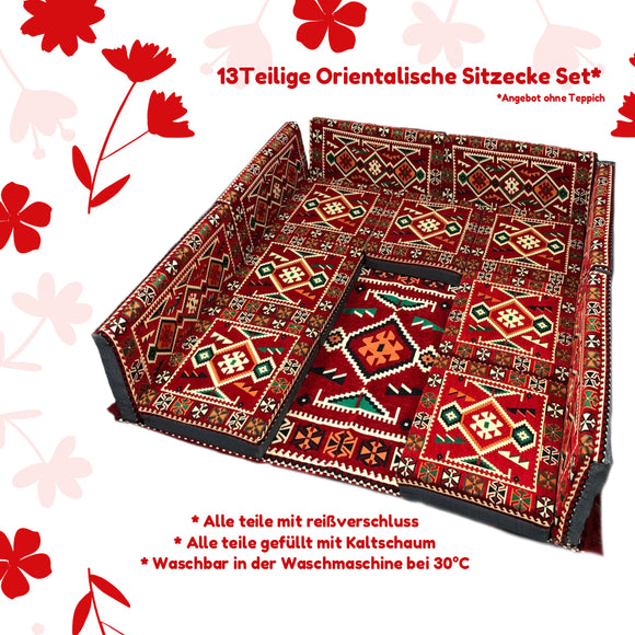 13 tlg. Sark Kösesi, Orientalische Sitzecke, Sitzkissen Set Rot Kilim