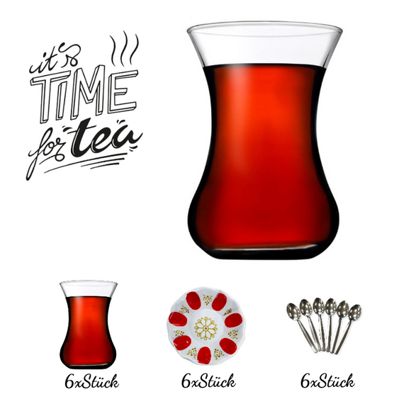 Ince Belli 18 tlg. Set für Tee Gläser Tassen mit Untertassen Pasabahce Rot