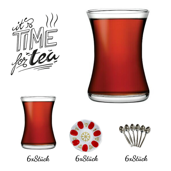 Miss 18 tlg. Set für Tee Gläser Tassen mit Untertassen Pasabahce Rot